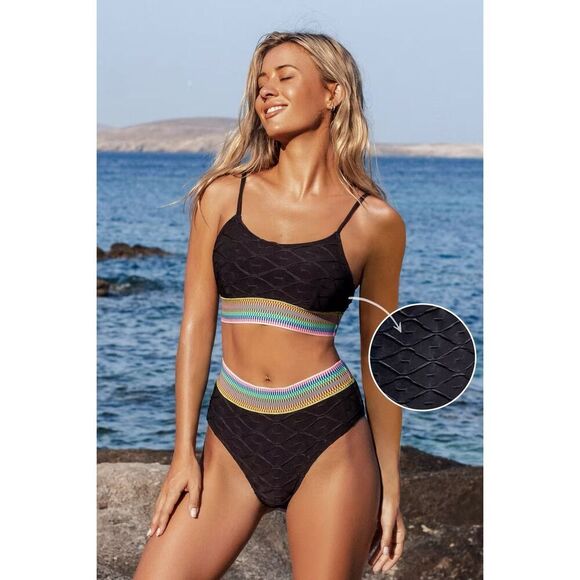 Rainbow Trim Textured Scoop Top and Bottom Size  M - Picture 1 of 3